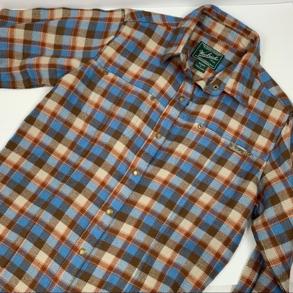 Woolrich Blue Brown Beige Plaid Flannel Pearl Snap Shirt Size Small